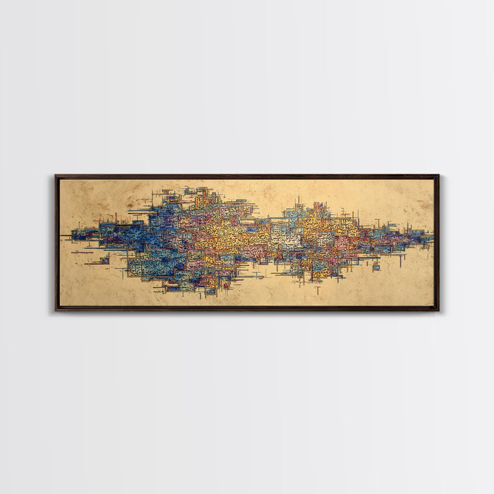 Abstract African City Map Canvas Print, Modern Geometric Wall Decor, Blue Orange Afrocentric Art, Panoramic Office Decor