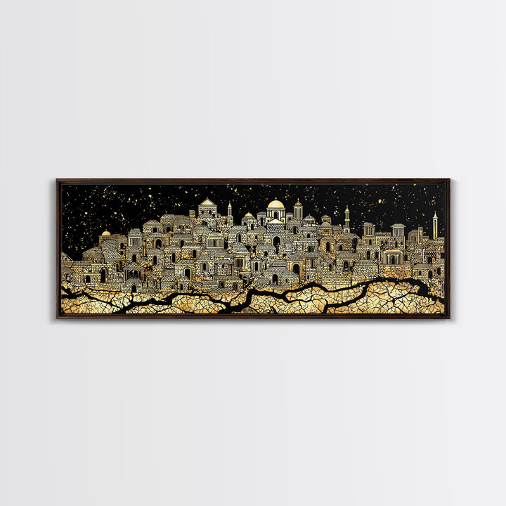 Gold African Night City Wall Art, Starry Palace Skyline, Black And Gold Cultural Decor, Panoramic Canvas Print Gift For Home