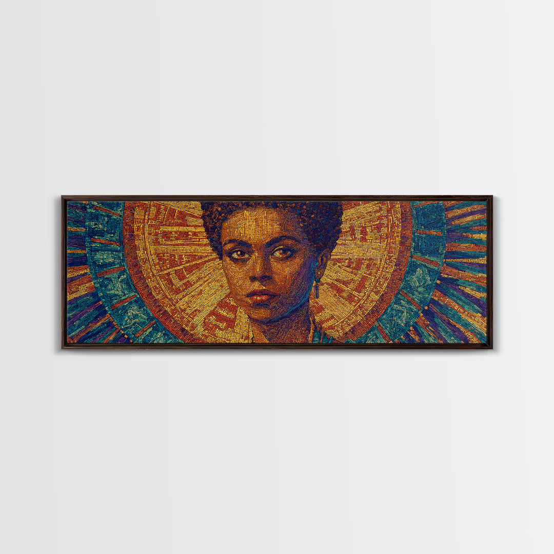 Regal Black Woman With Golden Halo Framed Canvas Print, Afrocentric Wall Art, African Queen Portrait, Melanin Decor Gift