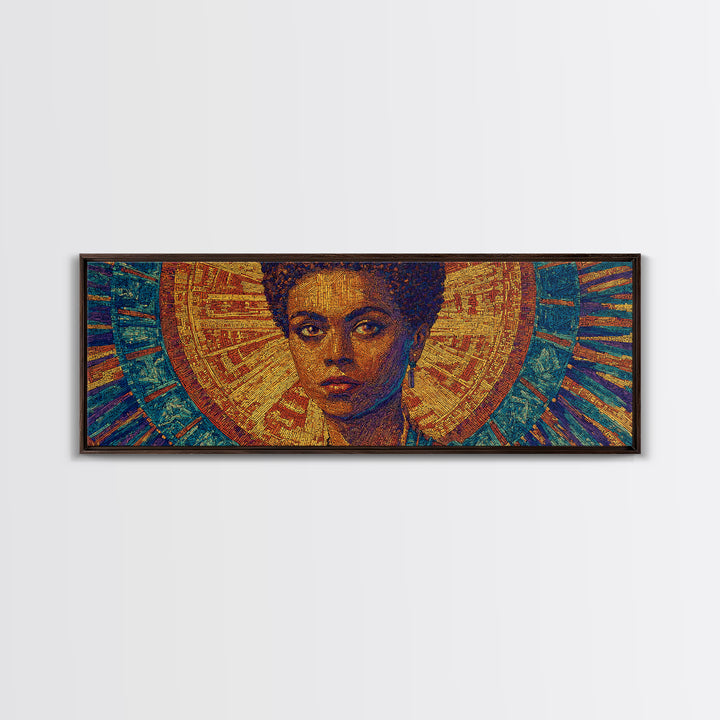 Regal Black Woman With Golden Halo Framed Canvas Print, Afrocentric Wall Art, African Queen Portrait, Melanin Decor Gift