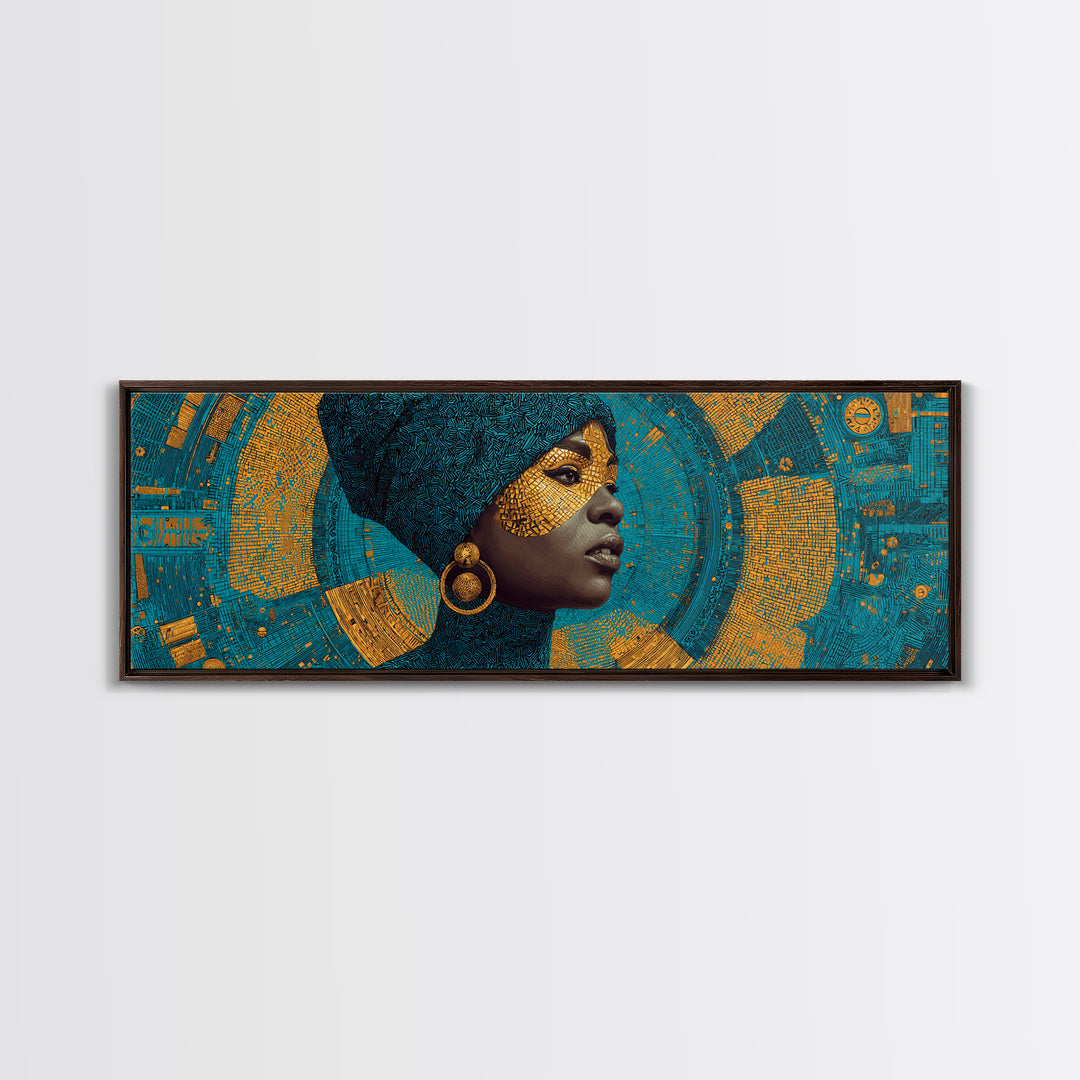 Elegant Black Queen Profile Framed Canvas Print, African Woman Art, Teal Gold Afrocentric Wall Decor, Melanin Portrait Gift