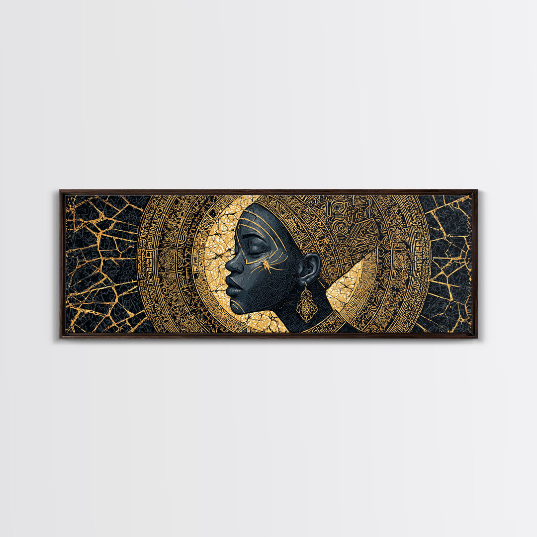 Golden Profile Black Woman Portrait, Abstract African Art Framed Canvas Print, Afrocentric Wall Art, Elegant Home Decor