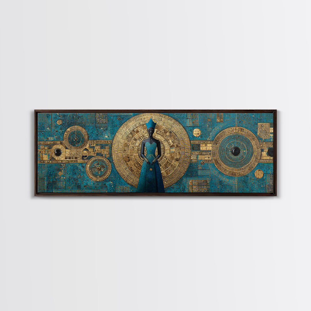 Blue And Gold African Goddess Figure, Geometric African Wall Art, Luxury Canvas Print, Afrocentric Living Room Decor Gift
