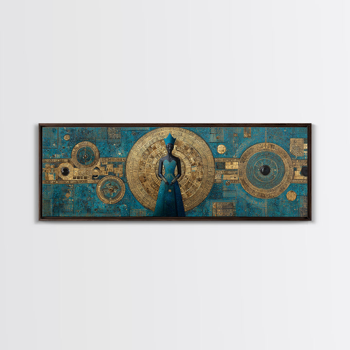 Blue And Gold African Goddess Figure, Geometric African Wall Art, Luxury Canvas Print, Afrocentric Living Room Decor Gift