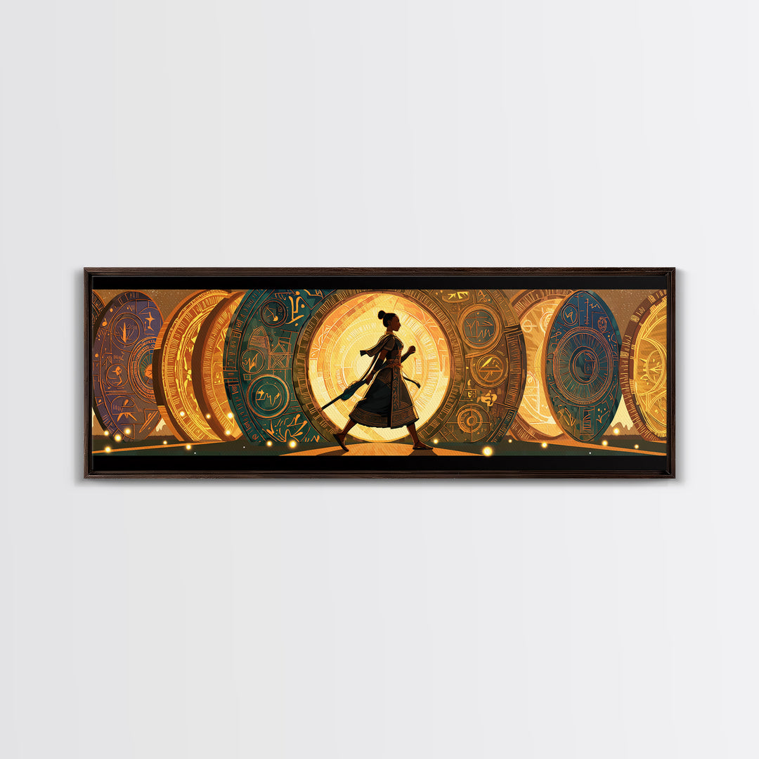 Walking African Woman Silhouette, Golden Portal Wall Art, Modern African Art Canvas Print, Boho Afrocentric Home Decor Gift