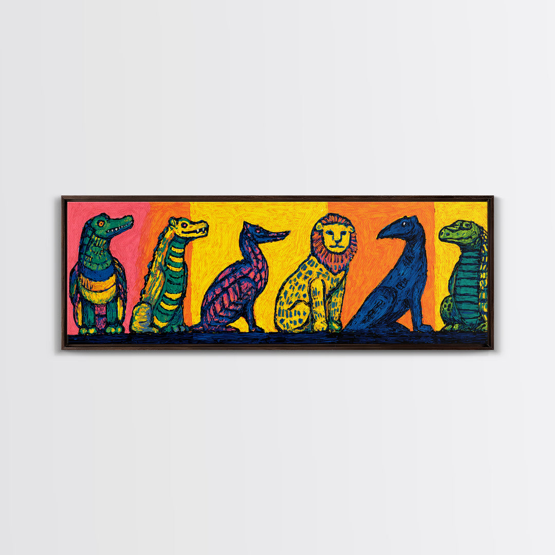 Vibrant Whimsical Safari Animal Lineup, Bright Colorful African Wall Art, Jungle Canvas Print, Playful Kids Room Decor Gift