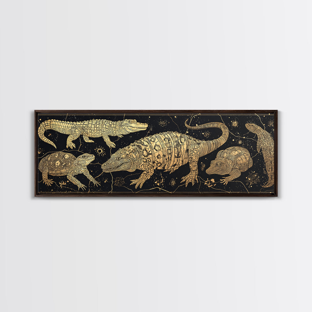 Golden Crocodile Constellation Wall Art, African Safari Reptile Print, Tribal Animal Decor, Black Gold Canvas For Living Room