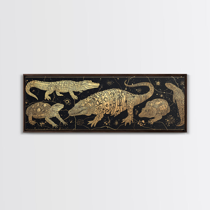 Golden Crocodile Constellation Wall Art, African Safari Reptile Print, Tribal Animal Decor, Black Gold Canvas For Living Room