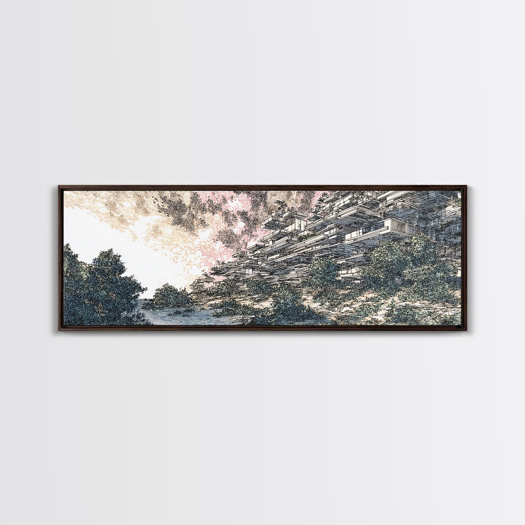 Riverside Brutalist Architecture Wall Art, Modern Landscape Print, Blue Green Urban Nature Decor, Contemporary Canvas For Office