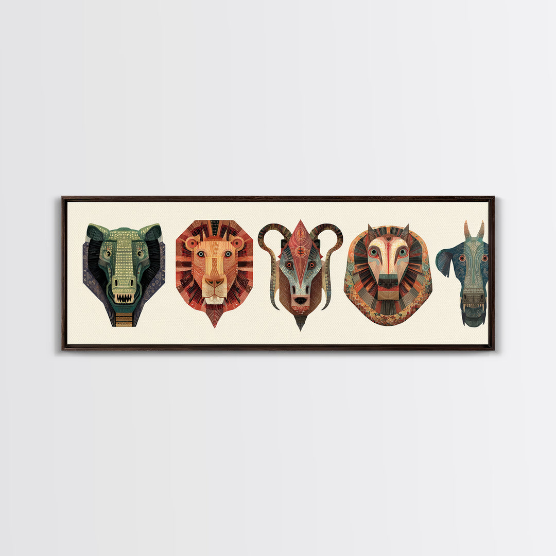 African Animal Mask Collection Framed Canvas Print, Elephant Lion Ram Baboon Tribal Wall Art, Safari Decor For Bold Home