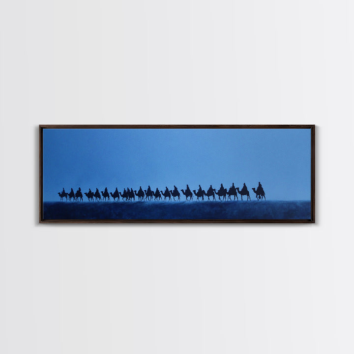 Distant Camel Caravan Canvas Print, Blue Desert Horizon Wall Art, African Travel Poster, Minimalist Safari Decor For Living Room