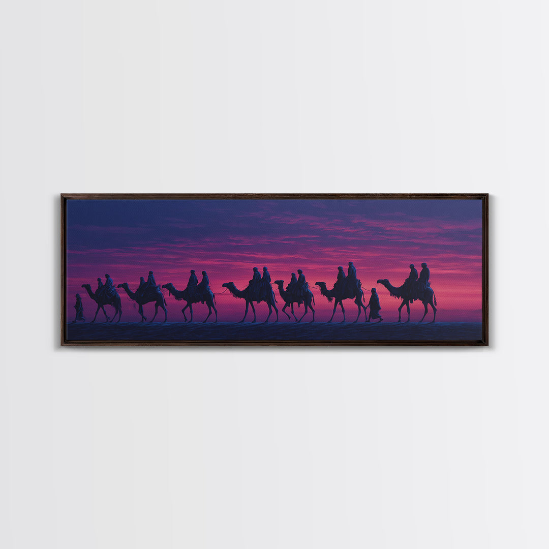 Purple Sunset Camel Caravan Wall Art, Desert Nomad Silhouette Painting, African Safari Decor, Travel Canvas Print For Bedroom
