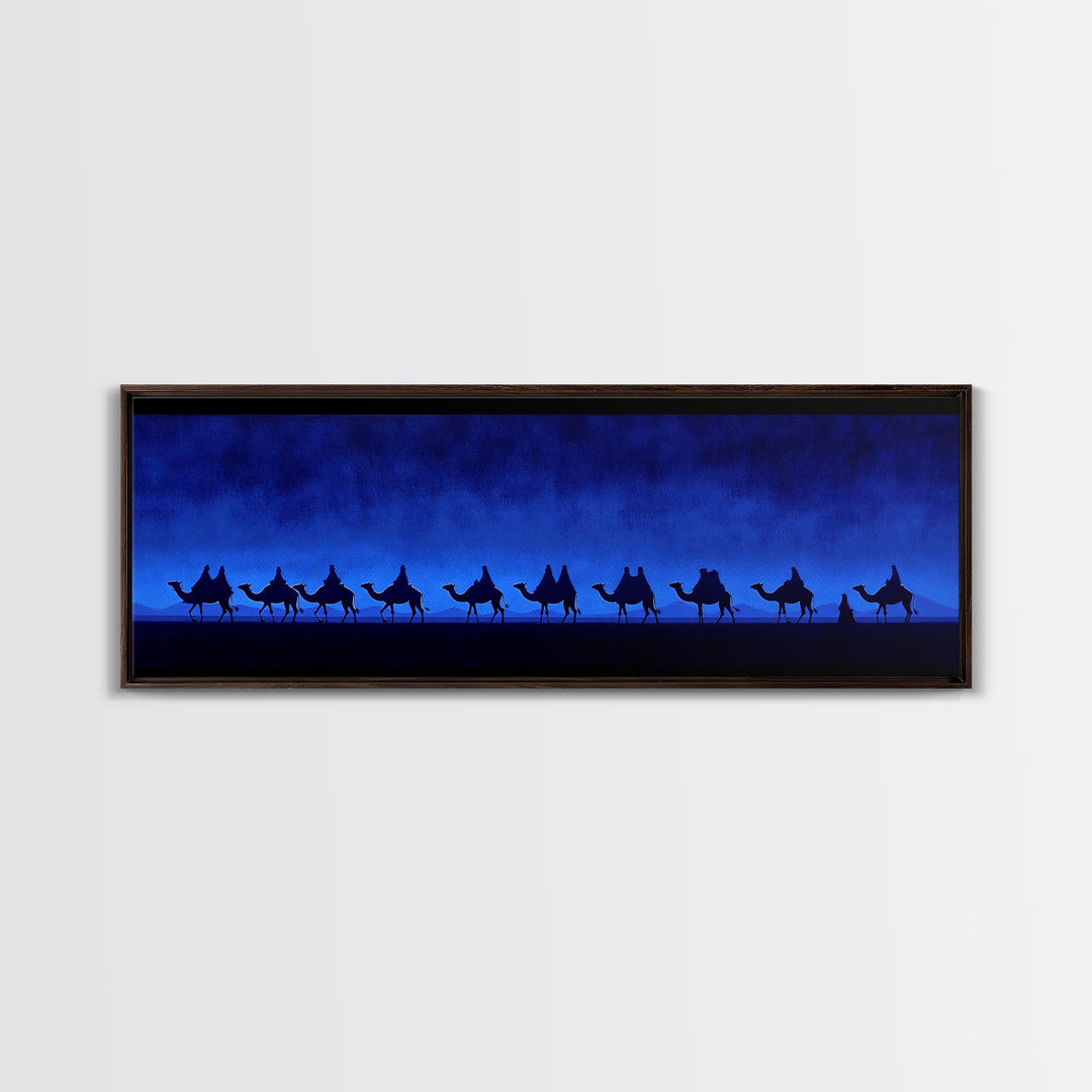 Deep Blue Camel Caravan Canvas Print, Desert Silhouette Wall Art, African Safari Poster, Minimalist Travel Decor For Home