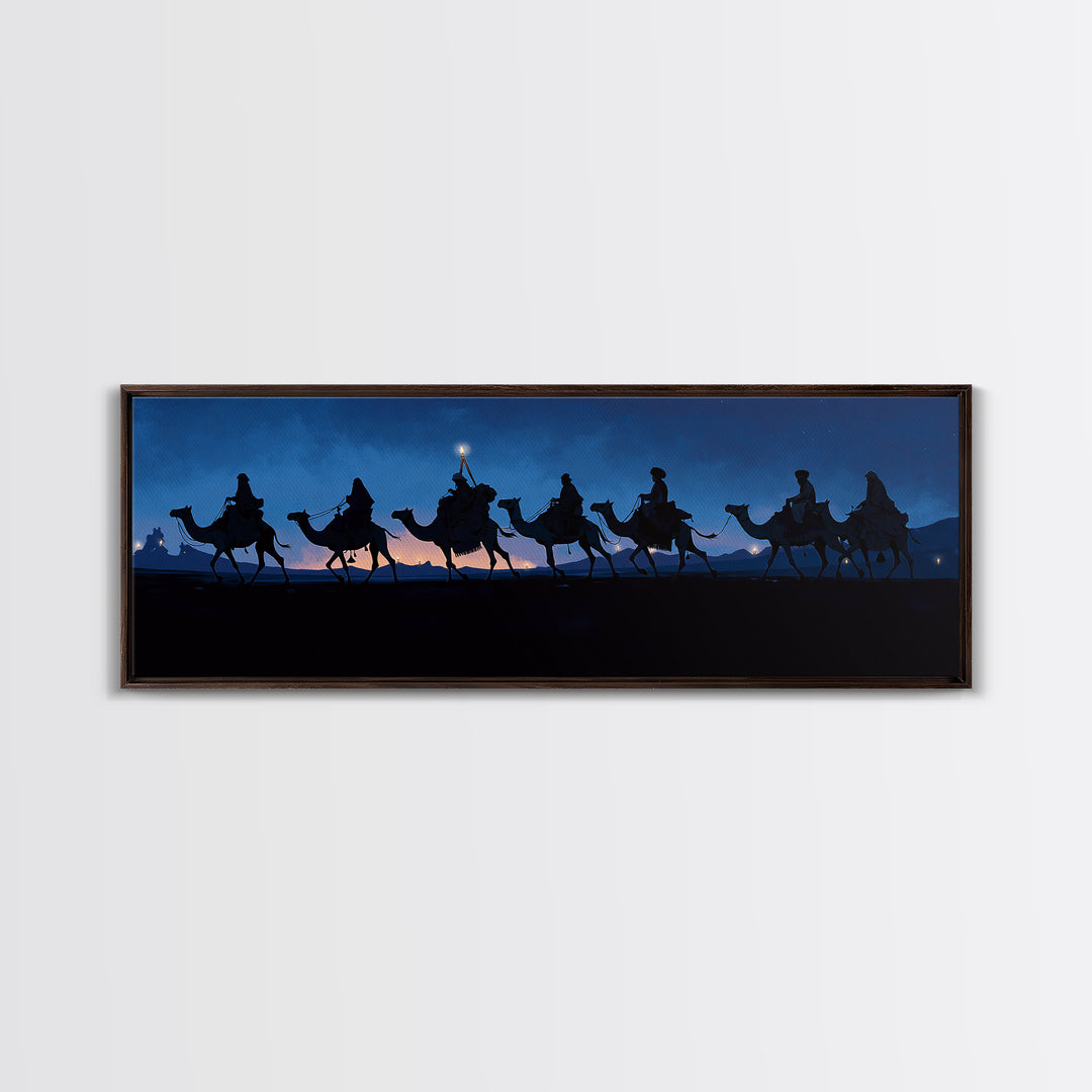 Night Camel Caravan Framed Canvas Print, Blue Desert Silhouette Wall Art, African Safari Travel Decor, Nomad Scene For Home
