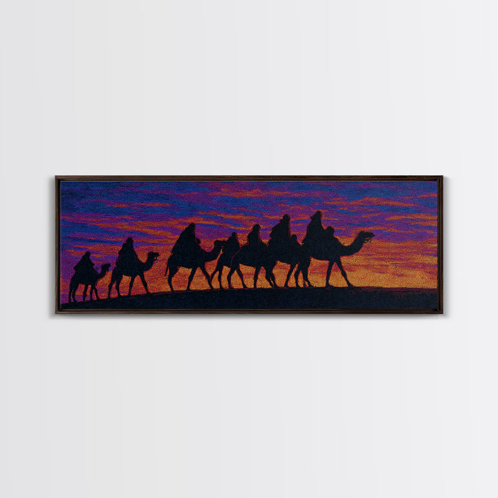 Vibrant Sunset Camel Caravan Silhouette Canvas Print, African Safari Wall Decor, Boho Desert Landscape, Colorful Art Gift