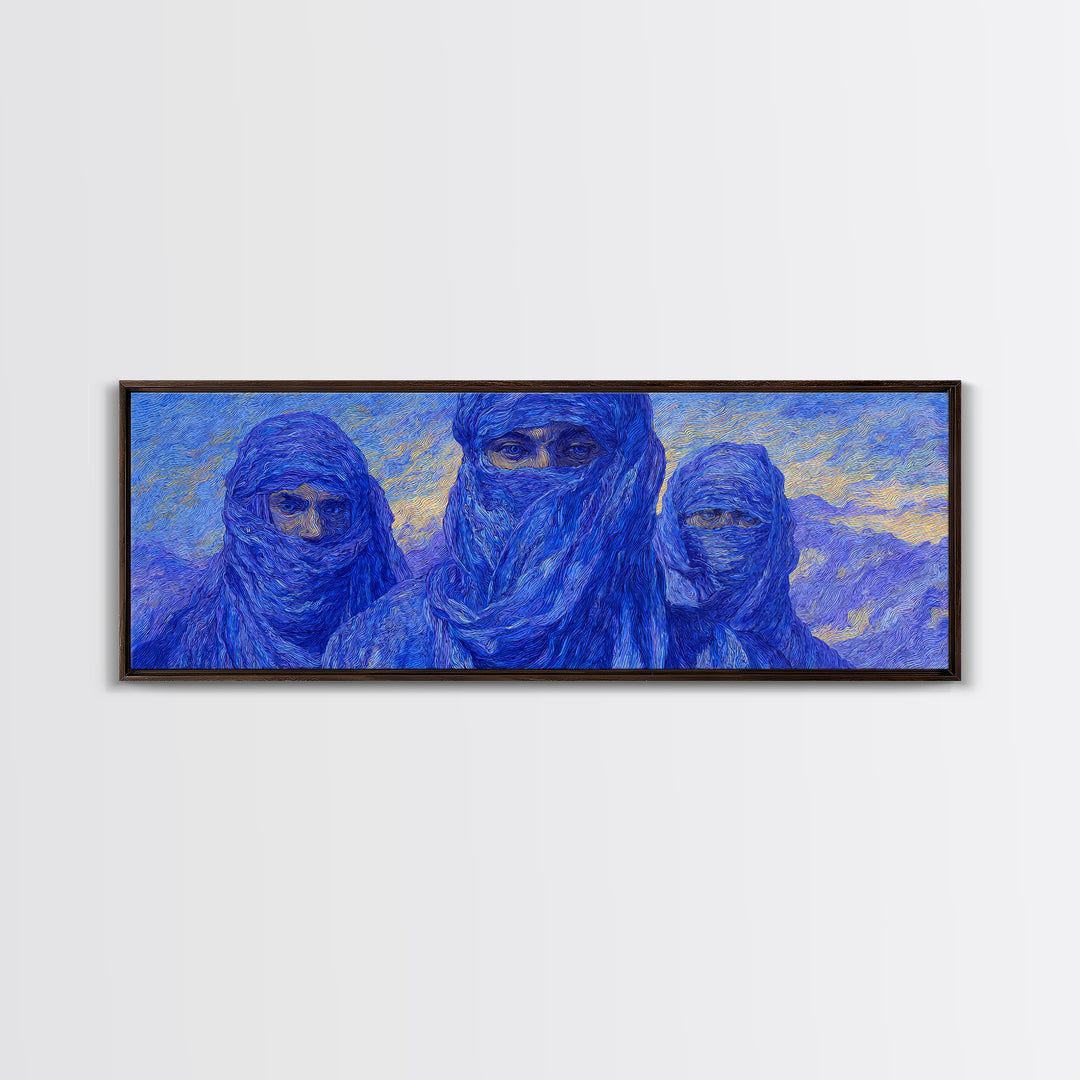 Three Blue Veiled Tuareg Portraits Canvas Print, African Painting Wall Art, Sahara Desert Decor, Modern Cultural Artwork