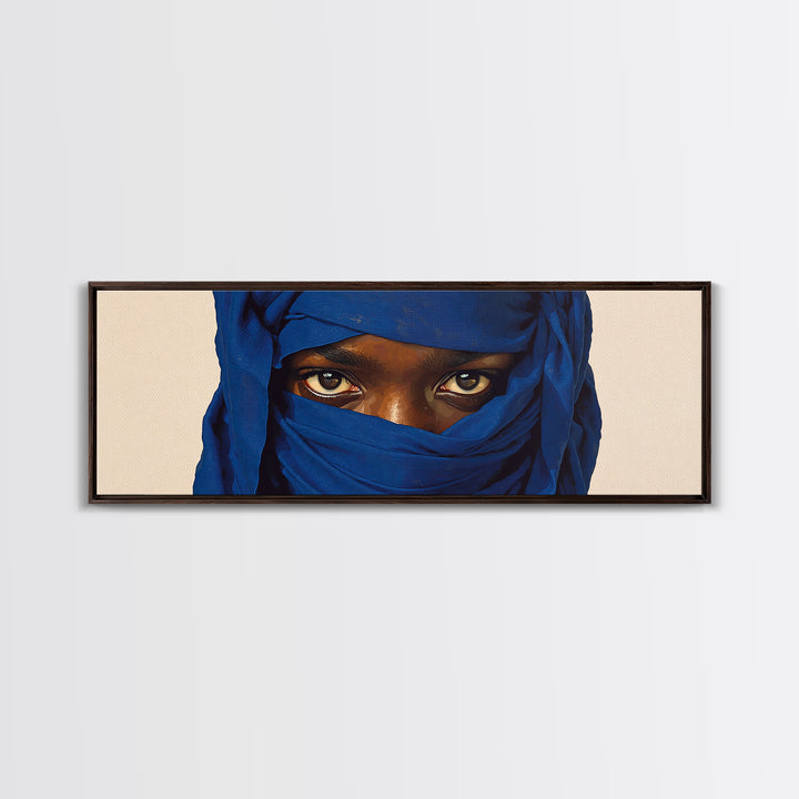 Intense Blue Veiled Eyes Portrait Canvas Print, African Woman Wall Art, Black Female Art, Minimalist Sahara Home Decor Gift