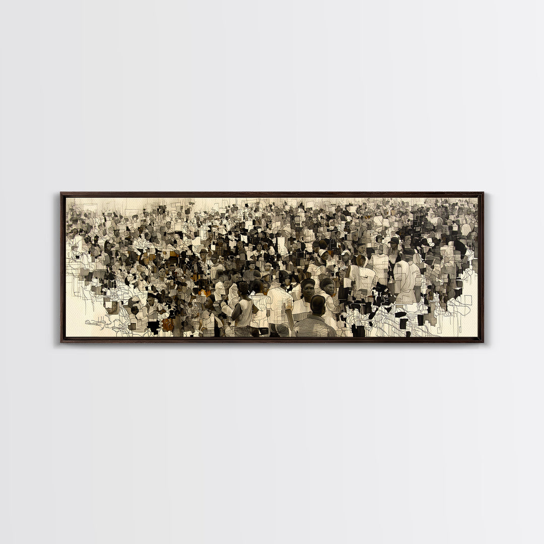 Sepia African Community Wall Art, Crowded Market Portrait, Black People Culture Decor, Panoramic Canvas Print Gift For Home