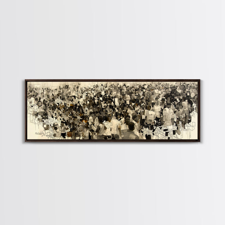 Sepia African Community Wall Art, Crowded Market Portrait, Black People Culture Decor, Panoramic Canvas Print Gift For Home