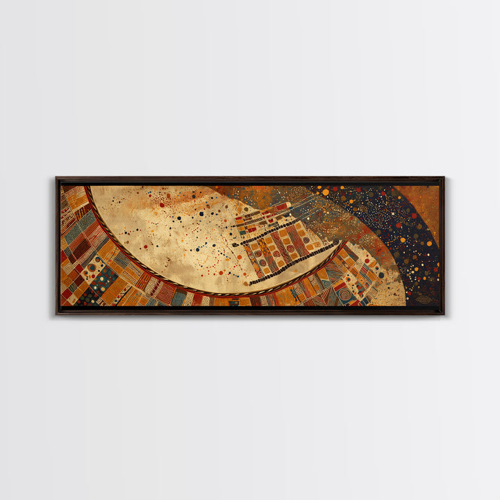 Celestial Ankara Crescent With Orange Patterns Canvas Print, African Fabric Art, Afrocentric Wall Decor, Boho Cultural Art