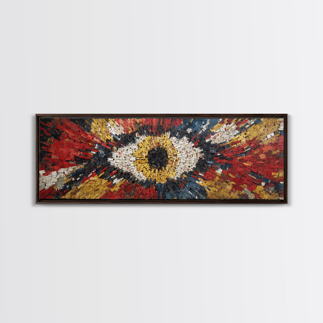 Exploding Eye Mosaic In Red Gold And Navy Framed Canvas Print, Abstract African Art, Bold Statement Wall Decor For Living Room