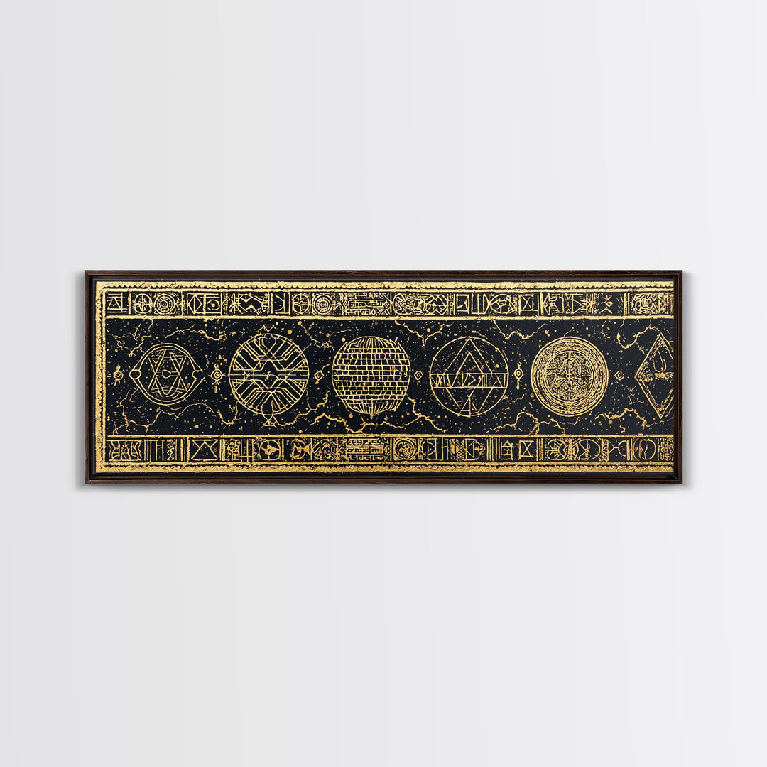 Gold Sacred Geometry Symbols On Black Canvas Print, African Patterns, Tribal Wall Art, Mystical Meditation Home Decor Gift