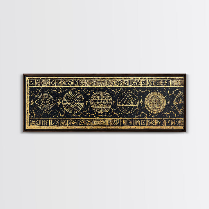 Gold Sacred Geometry Symbols On Black Canvas Print, African Patterns, Tribal Wall Art, Mystical Meditation Home Decor Gift