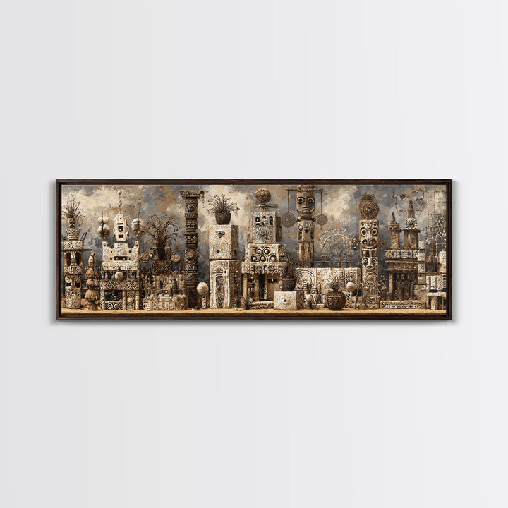 Monochrome African Totem Sculptures And Carved Masks Framed Canvas Print, Tribal Wall Decor, African Artwork, Cultural Art