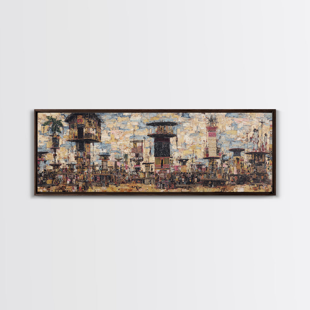 Abstract African City Skyline With Towers And Market Life Wall Art, Modern African Art, Urban Wall Art, Cultural Home Decor