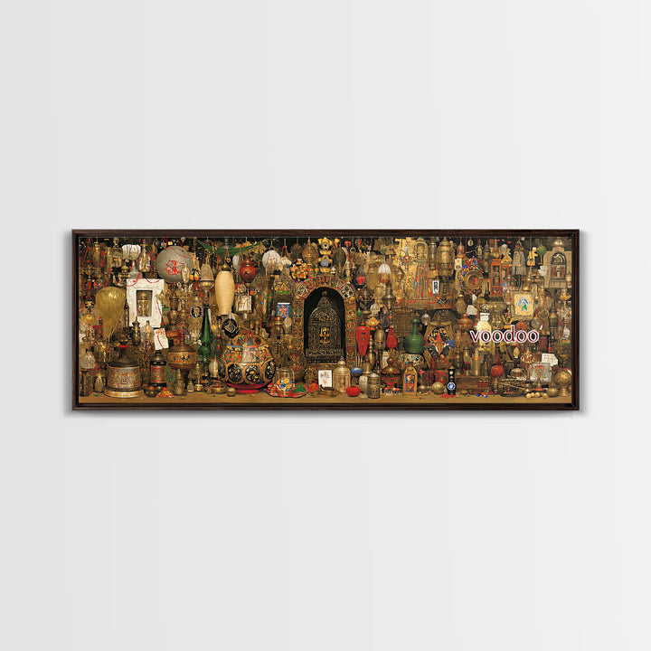 Voodoo Altar Shelf With Masks Bottles And Sacred Objects Canvas Print, Afrocentric Wall Art, African Decor, Spiritual Wall Decor