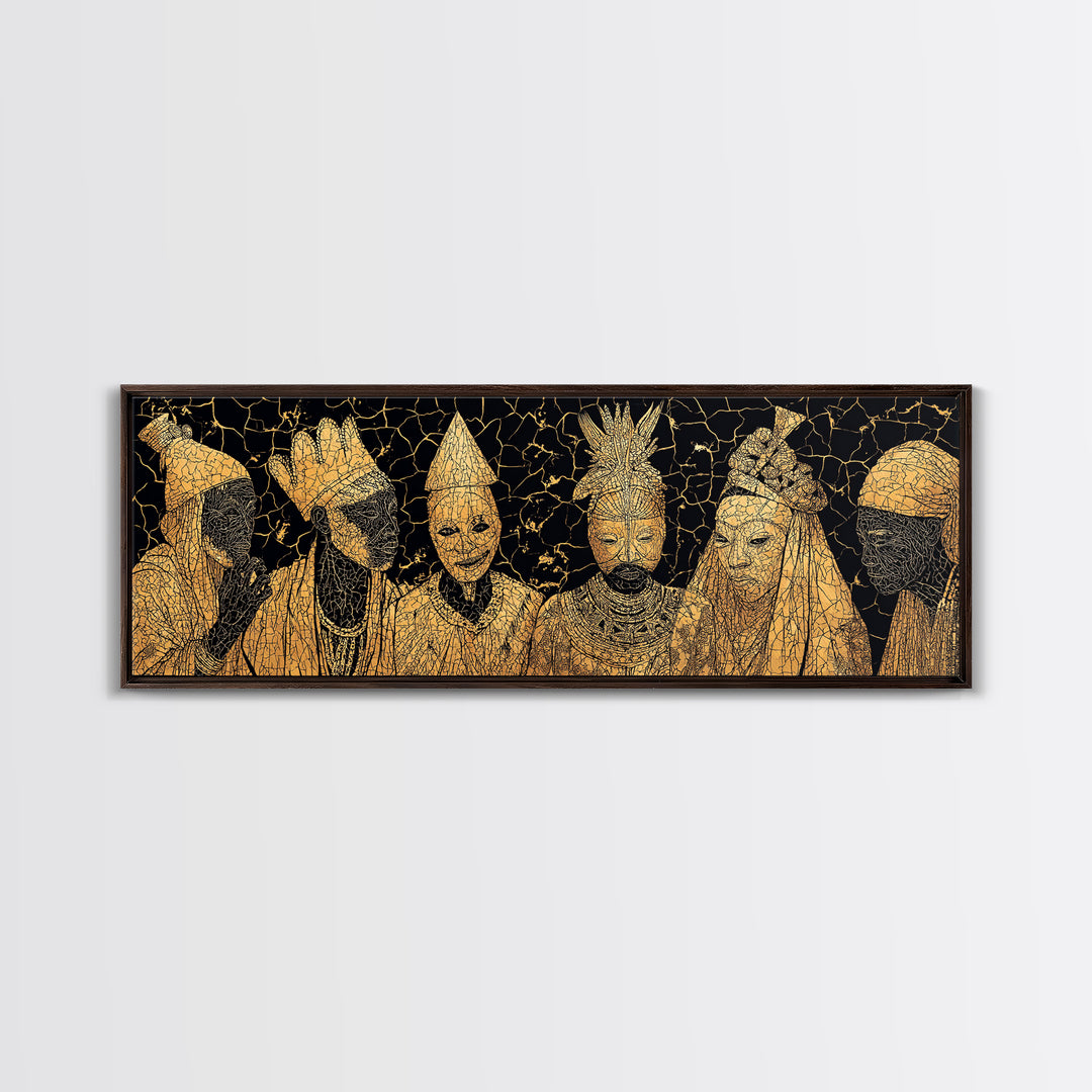 Gold African Royal Figures In Patterned Tribal Masks Framed Canvas Print, Black And Gold Art, African Wall Decor, Afro Art