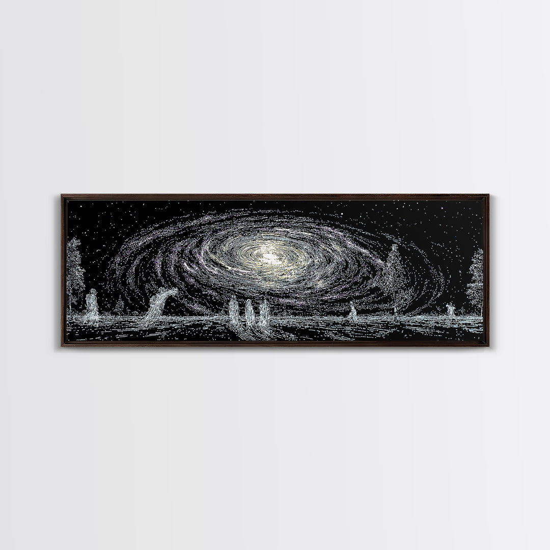 Cosmic Spiral Galaxy Over Water And Tiny Figures Canvas Print, Mystical Wall Art, Black And White Art, Contemporary Wall Art