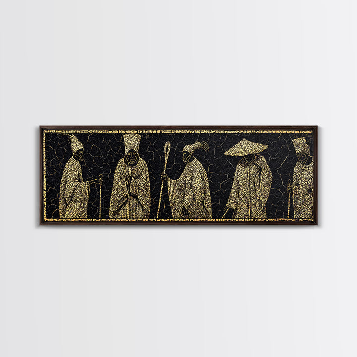 Gold African Elder Procession Wall Art, Ancient African Art, Tribal Figures Canvas Print, Black And Gold Cultural Decor Gift
