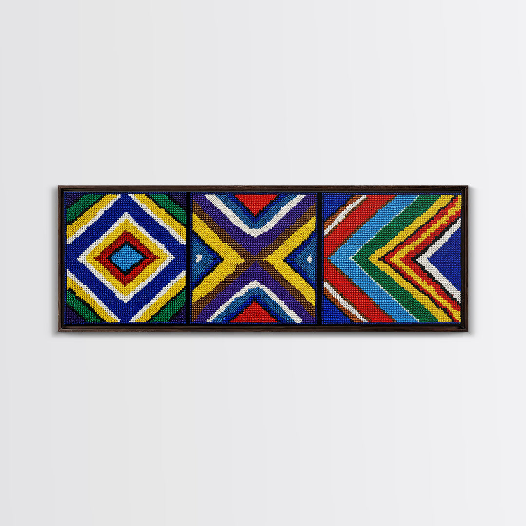 Three Panel Beaded Diamond Canvas Print, African Tribal Chevron Pattern, Geometric Wall Art, Colorful Boho Wall Decor, Set Of 3 Art