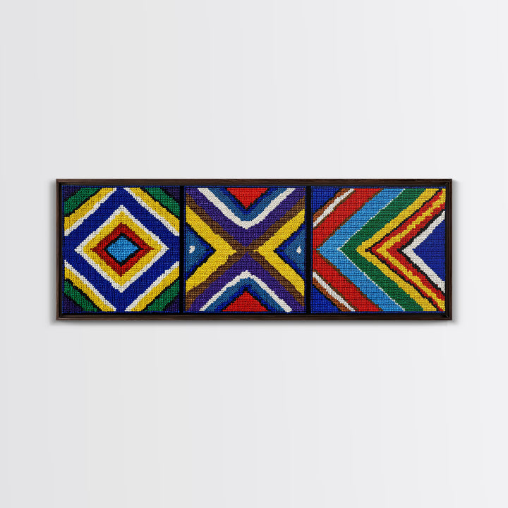 Three Panel Beaded Diamond Canvas Print, African Tribal Chevron Pattern, Geometric Wall Art, Colorful Boho Wall Decor, Set Of 3 Art