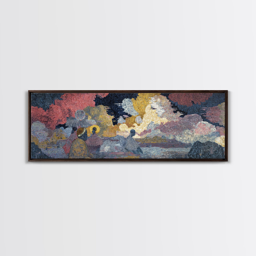 Sunset Harbor Figures In Textured Clouds Wall Art, African Inspired Landscape, Colorful Modern Canvas Print For Living Room