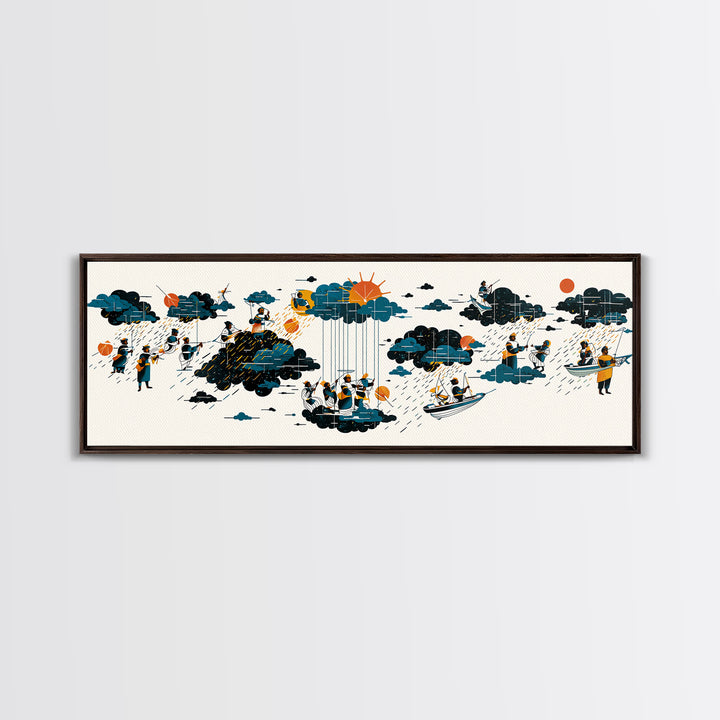 Whimsical Rain Cloud Journey Wall Art, Tiny Boats And Figures Illustration, Modern Blue Orange Canvas Print, Playful Decor