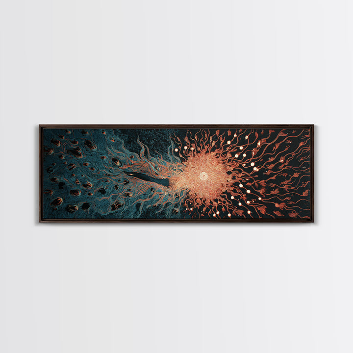 Fiery Coral Organic Bloom Wall Art, Teal Black Abstract Canvas Print, Contemporary Fluid Energy Decor, Bold Home Artwork