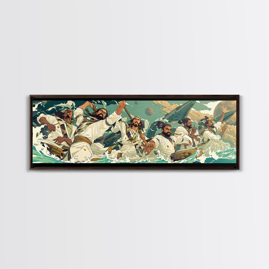 Heroic African Warriors At Sea Wall Art, Dynamic Cultural Canvas Print, Afrocentric Ocean Adventure Decor, Bold Statement Art