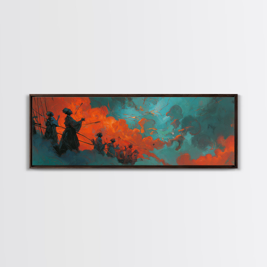 Orange Teal African Warriors In Storm Wall Art, Afrocentric Canvas Decor, Black Culture Art, Ancestral Spirit African Wall Decor