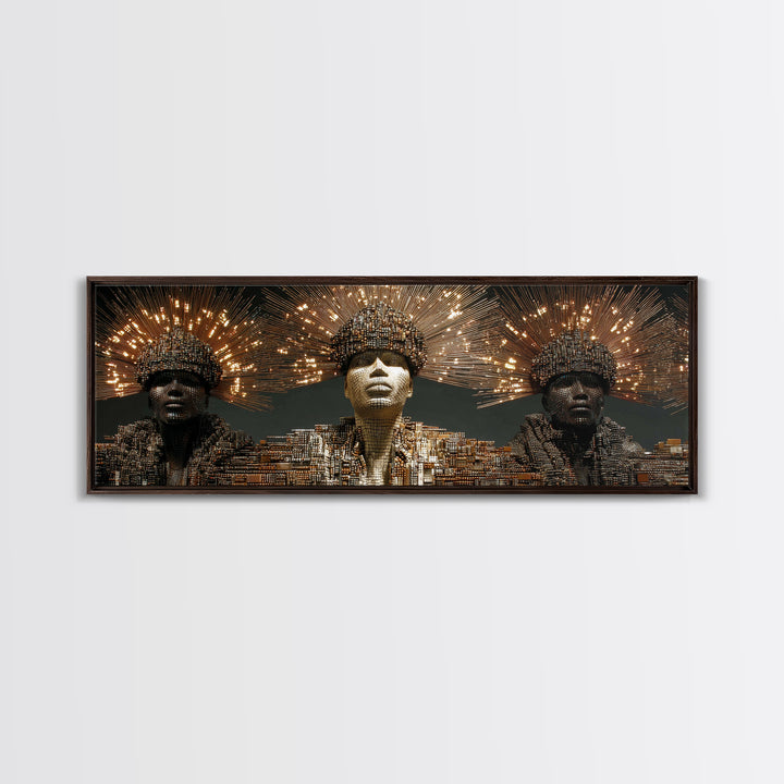 Radiant African Futurist Trio Framed Canvas Print, Black Culture Art, Afrocentric Wall Art, Gold Jewelry Canvas Decor Gift