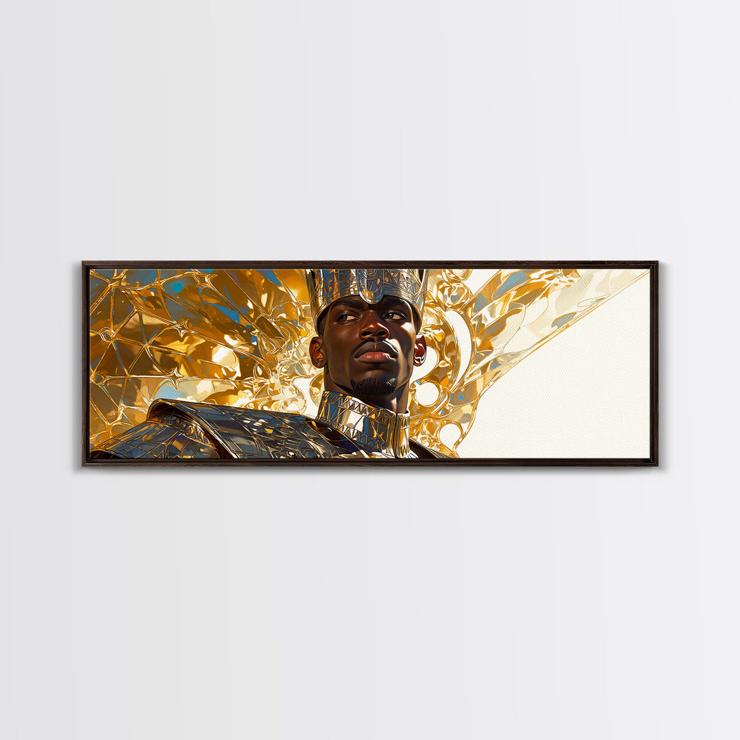 Majestic Black King In Gold Armor Framed Canvas Print, African Portrait, Black Man Wall Art, Afrocentric Decor, Royal Gift