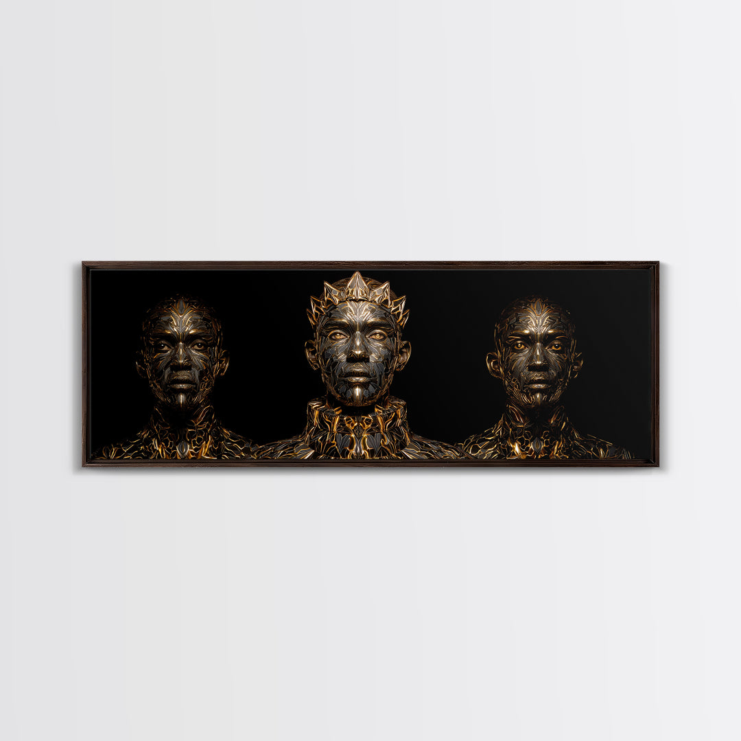 Three Crowned Black Kings In Gold Wall Art, African Warrior Art, Afrocentric Canvas Decor, Black Culture Art, Royal Portrait