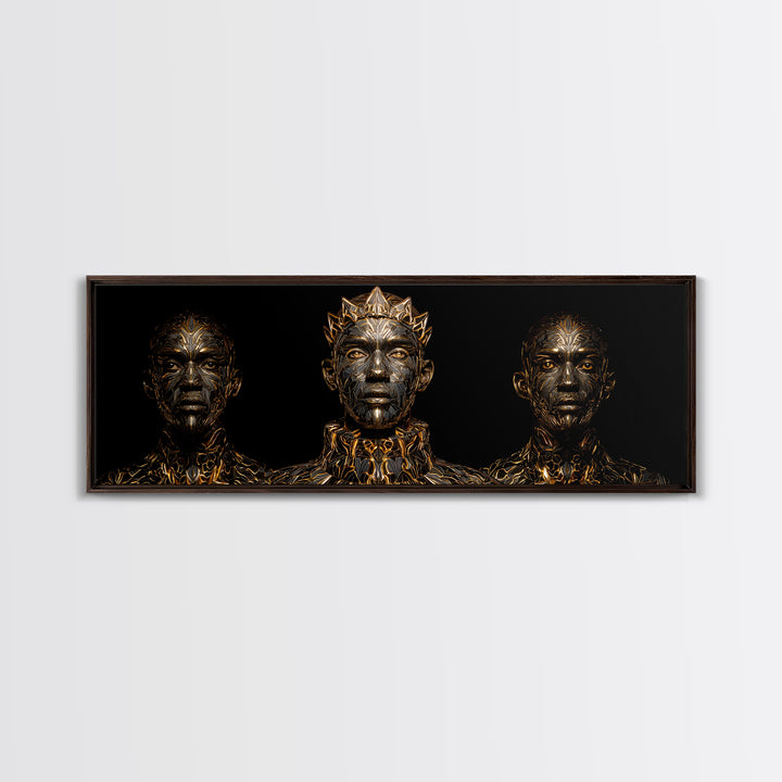 Three Crowned Black Kings In Gold Wall Art, African Warrior Art, Afrocentric Canvas Decor, Black Culture Art, Royal Portrait