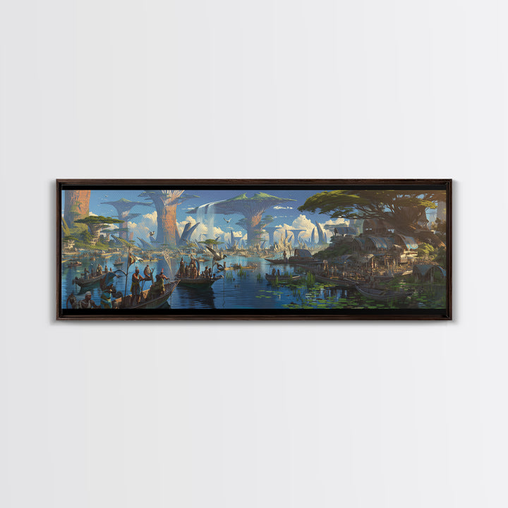 Afrofuturist African Waterfront Village Wall Art, Fantasy Baobab Landscape, Cultural Safari Decor, Unique Canvas Gift, Home Decor