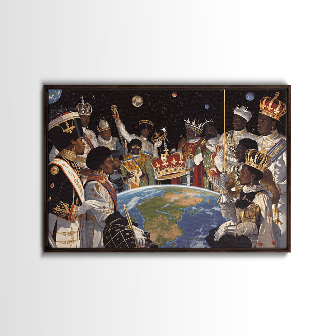 Cosmic African Royal Council Over Earth Wall Art, Afrocentric Black History Decor, African American Art, Regal Canvas Print
