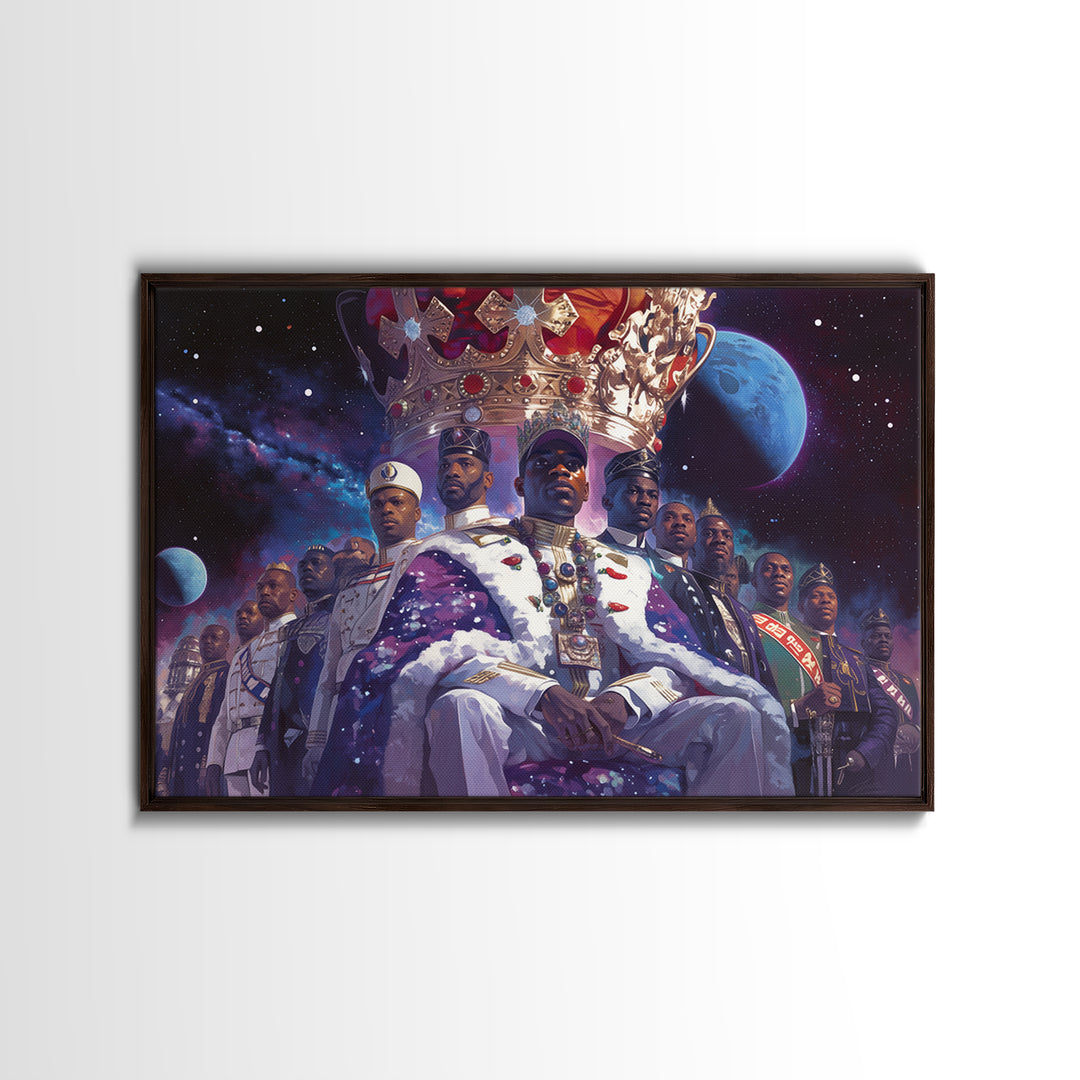 Galactic Black King And Royal Guard Framed Canvas Print, African American Art, Afrocentric Wall Decor, Black Man Portrait
