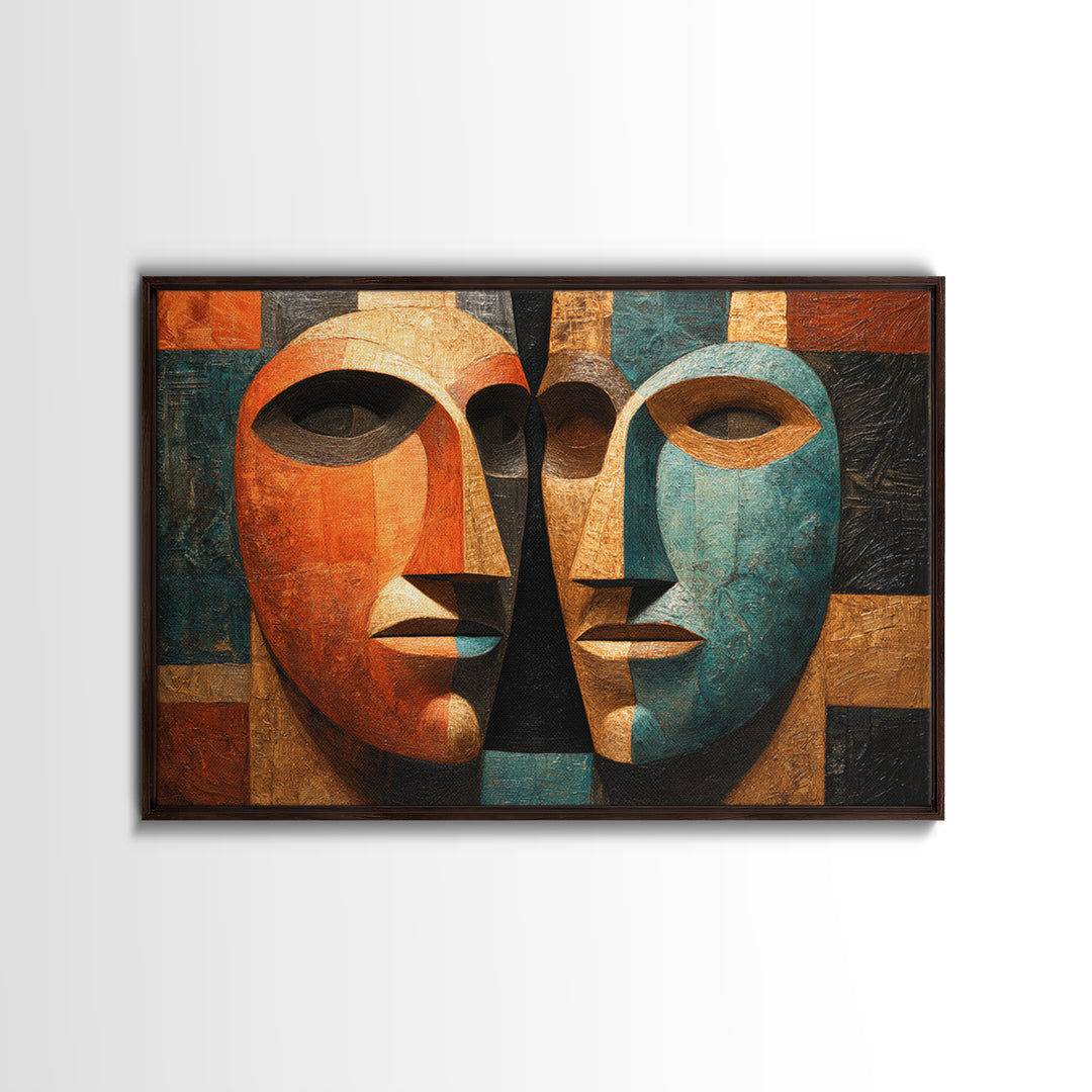 Cubist African Mask Faces Canvas Print, Abstract African Art, Tribal Wall Decor, Geometric Portrait, Bold Home Decor Gift