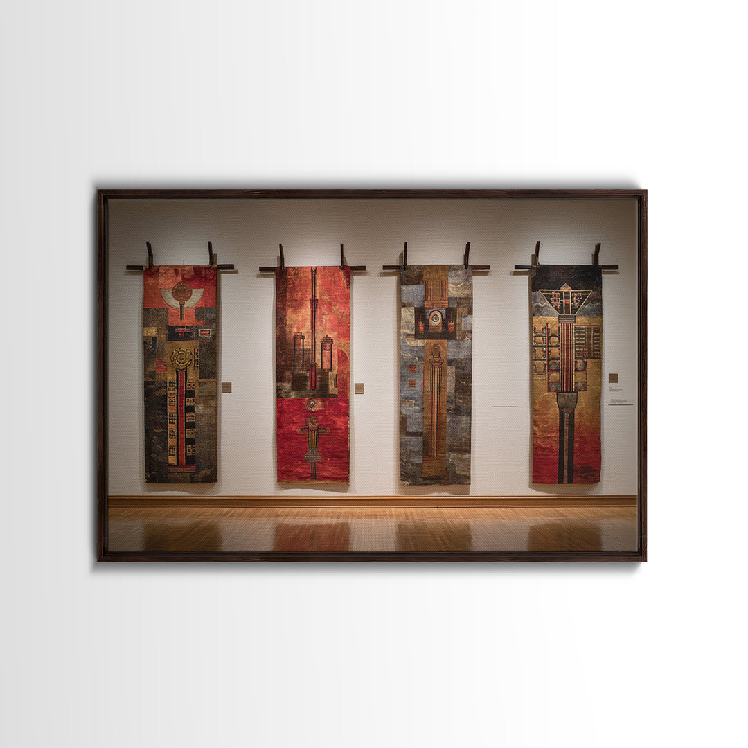 Earth Tone Textile Banners In Gallery, African Wall Art, Cultural Home Decor, Textile Art, Modern Framed Canvas Print, Museum Decor