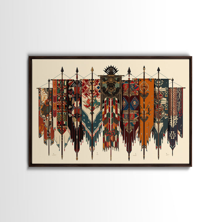 Patterned Tribal War Banners With Spears, African Wall Art, Ankara Decor, Cultural Art Print, Bold Framed Canvas Print, Ethnic Wall Decor